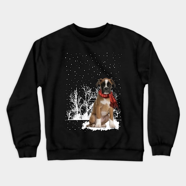 Christmas Boxer With Scarf In Winter Forest Crewneck Sweatshirt by Tagliarini Kristi